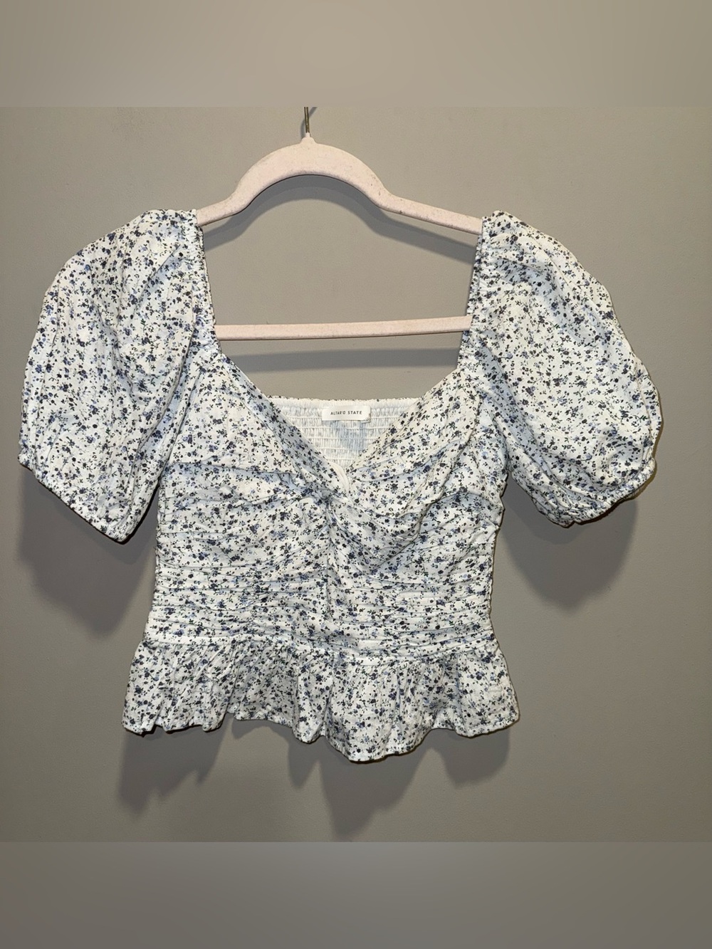 Altar'd State White Puff Sleeve Smocked Peplum Top with Blue Floral